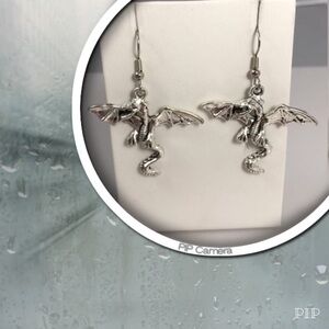 Pewter Silver Winged Dragon Earrings